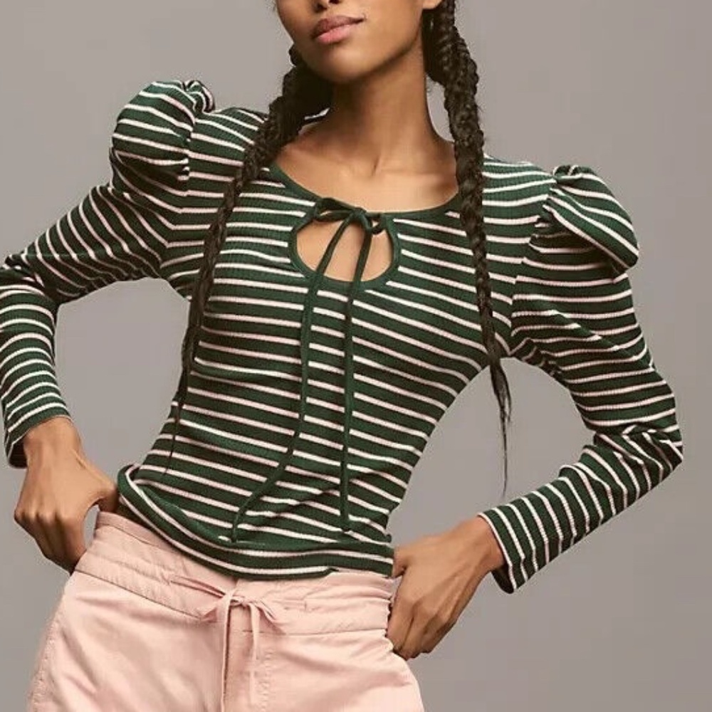 NWT Anthropologie Porridge Puff Sleeve Tie Front Striped Top • NWT | Size XL